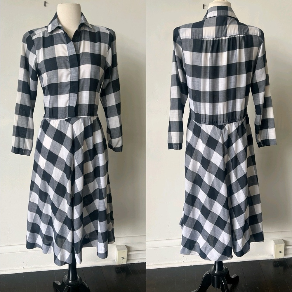 Vintage Buffalo Plaid Fit and Flare Midi Dress 1980s Black and White Plaid Dress